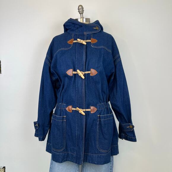 Vintage 80's Retro Leslie Fay Toggle Denim Hooded Chore Coat Barn Jacket (Sz M) - Picture 16 of 16